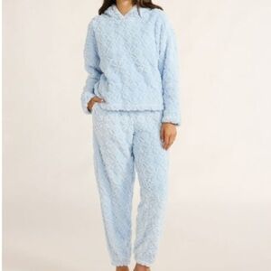 Joyspun Cozy Blue Textured Plush Pajama Lounge Set Cropped Hoodie & Joggers Sz S